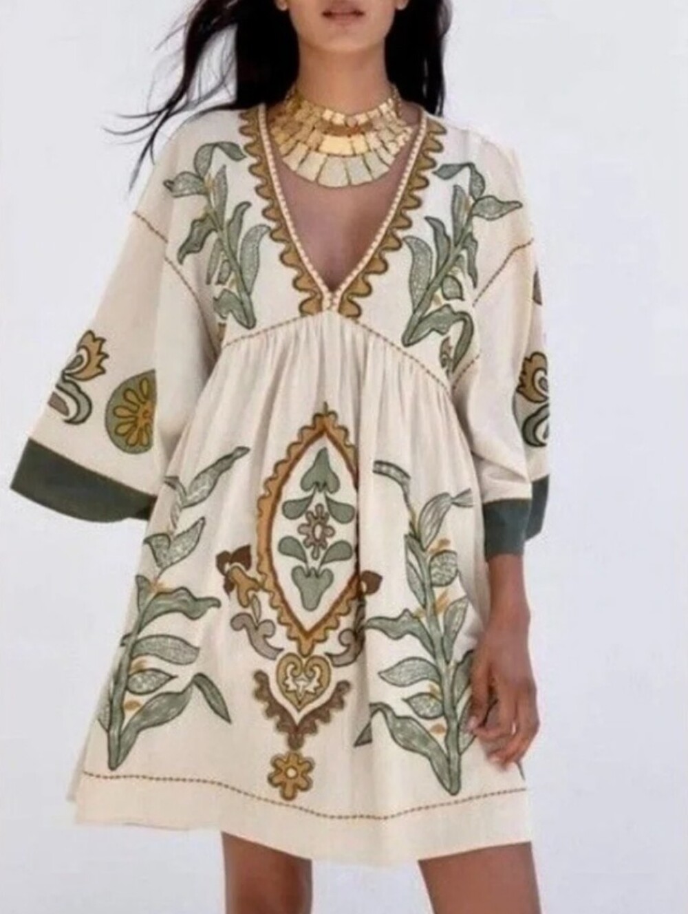 NWT! Zara The Romy Zara Cream Linen Cotton Dress with Green & Gold Embroidered